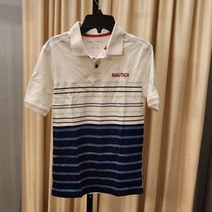 Nautica Boys Short Sleeved Polo Striped Style Shirt White Blue Size L (14/16)